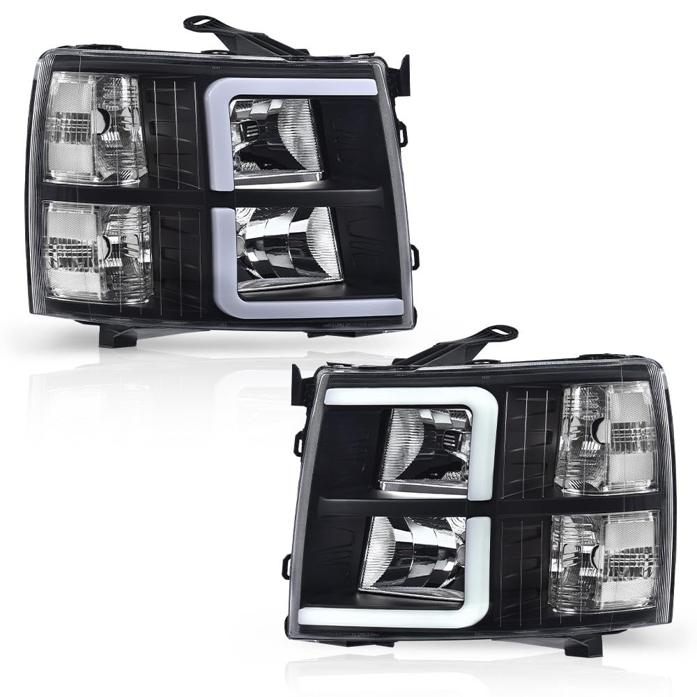G-PLUS LED Headlights, Fit Chevy Silverado 1500 2007-2013/Fit Chevy Silverado 2500 HD 3500 HD 2007-2014 DRL Bumper Corner Headlamps W/o Bulbs Clear Lens Black Housing Clear Reflector,faros delanteros