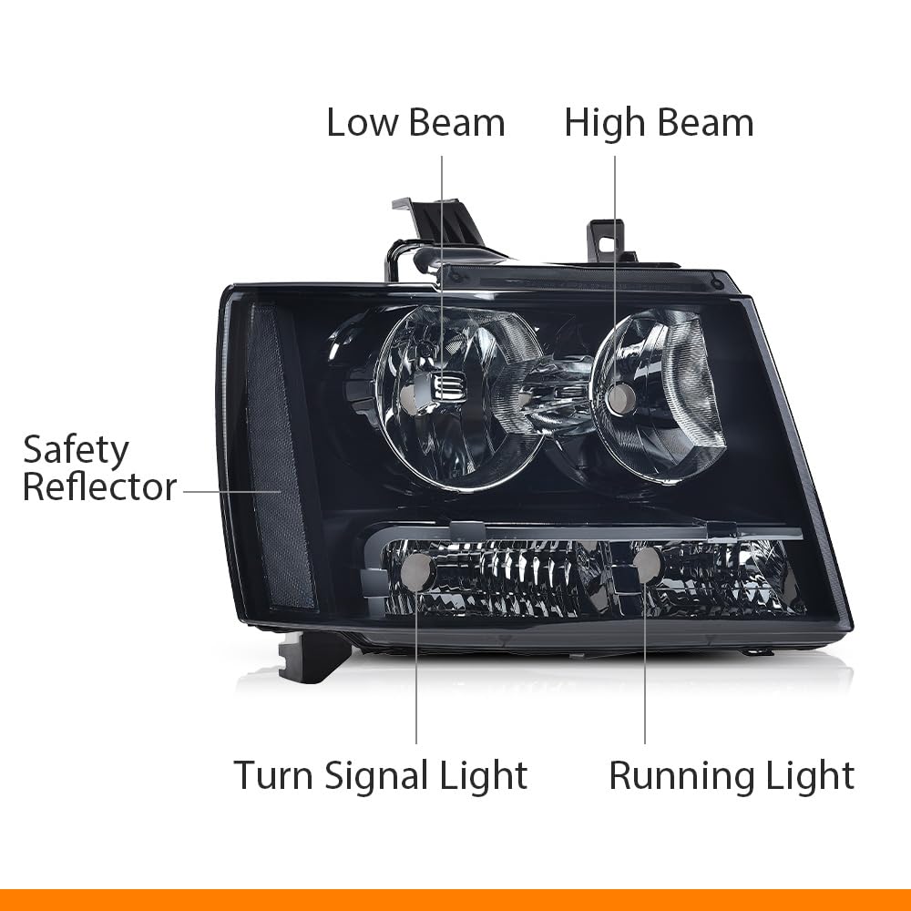 G-PLUS Headlights Assembly Compatible with Chevy Tahoe Subarban Avalanche 2007-2014 Set Pair Bumper Corner Headlamps Left & Right Smoky Lens Black Housing Clear Reflector,faros delanteros