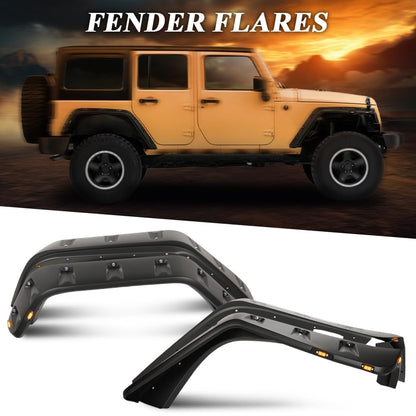 G-PLUS Fender Flares w/LED Side Maker, Compatible with Jeep JK Wrangler 2/4 Door Model 2007-2018, Unlimited, Rubicon Unlimited, Smooth Pocket Riveted 4 PCS Wheel Flares