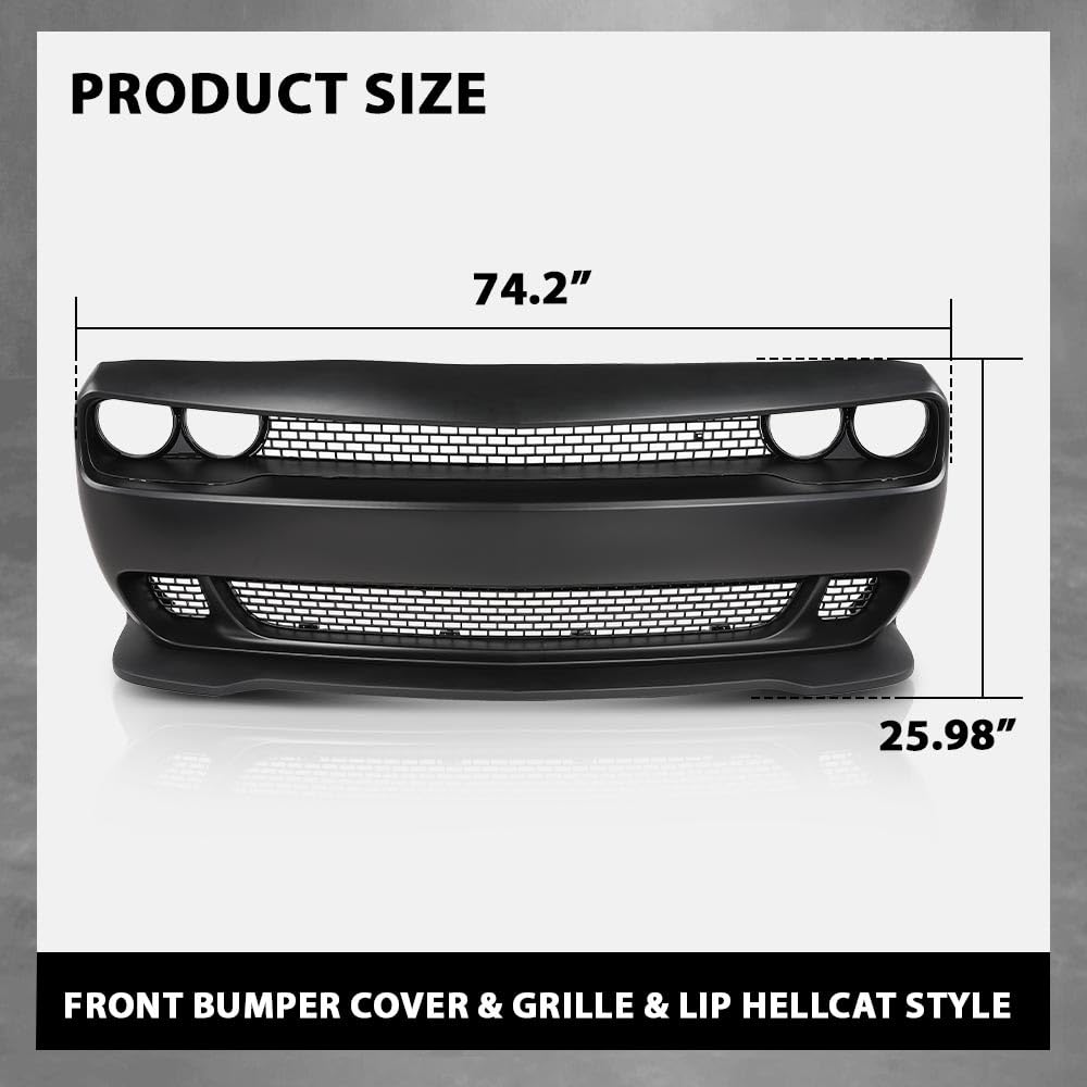 G-PLUS Front Bumper Kit Cover & Grille & Lip & Fog Light Covers Compatible with Dodge Challenger Hellcat Style 2015-2023 Full Bumper Replacement, Not Fit Demon Models