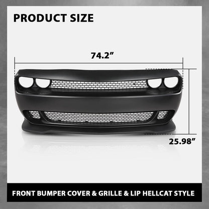 G-PLUS Front Bumper Kit Cover & Grille & Lip & Fog Light Covers Compatible with Dodge Challenger Hellcat Style 2015-2023 Full Bumper Replacement, Not Fit Demon Models