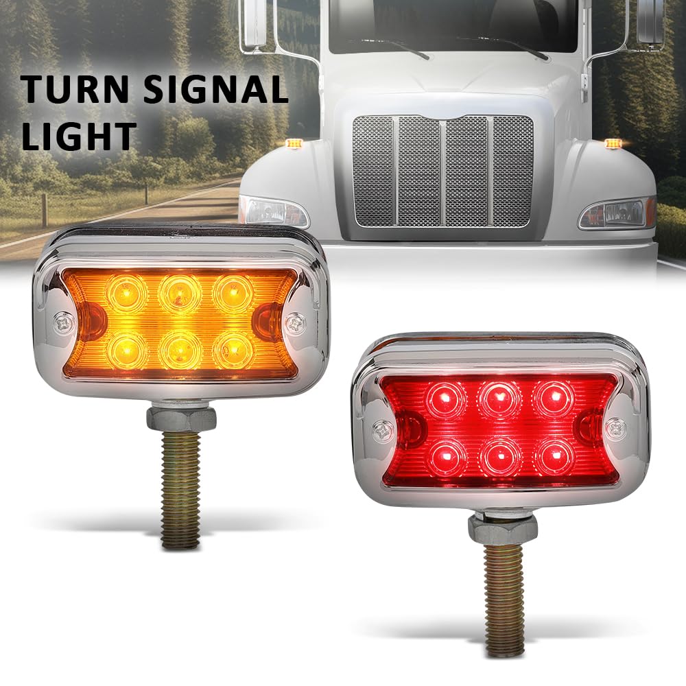 G-PLUS 2pcs 12 LED Amber/Red Dual Revolution Turn Signal Light, Double Face Chrome Fit Peterbilt Kenworth Freightliner Trucks, Dual Face Truck Fender Side Marker Light