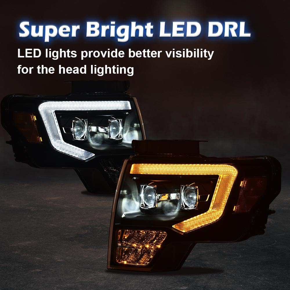 G-PLUS LED Tube Dual Projector Headlights Assembly, Compatible with 2009-2014 Ford F150(Only Fit LED Style) Bumper Headlamps,Clear Lens Black Housing Amber Reflector,faros delanteros