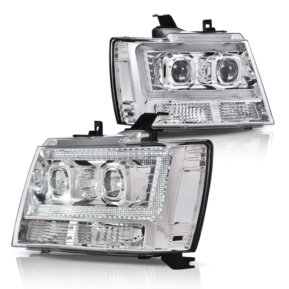 G-PLUS LED Tube Dual Projector Headlights, Compatible with 2007-2014 Chevy Tahoe/Suburban Bumper Headlamps Assembly, Clear Lens Chrome Housing Clear Reflector,faros delanteros