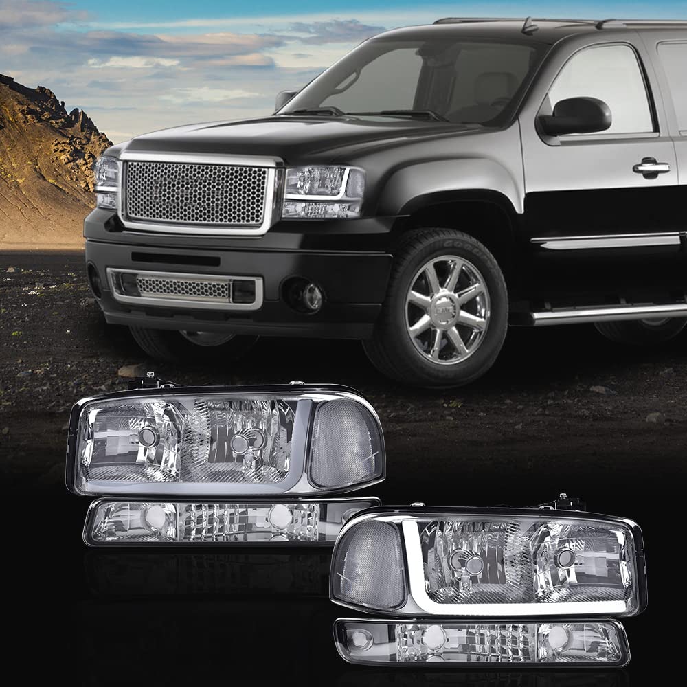G-PLUS LED DRL Headlights Assembly, Compatible with 1999-2007 GMC Sierra 1500/2001-2007 GMC Sierra 1500 HD Bumper Headlamps, Smoky Lens Chrome Housing Clear Reflector,faros delanteros