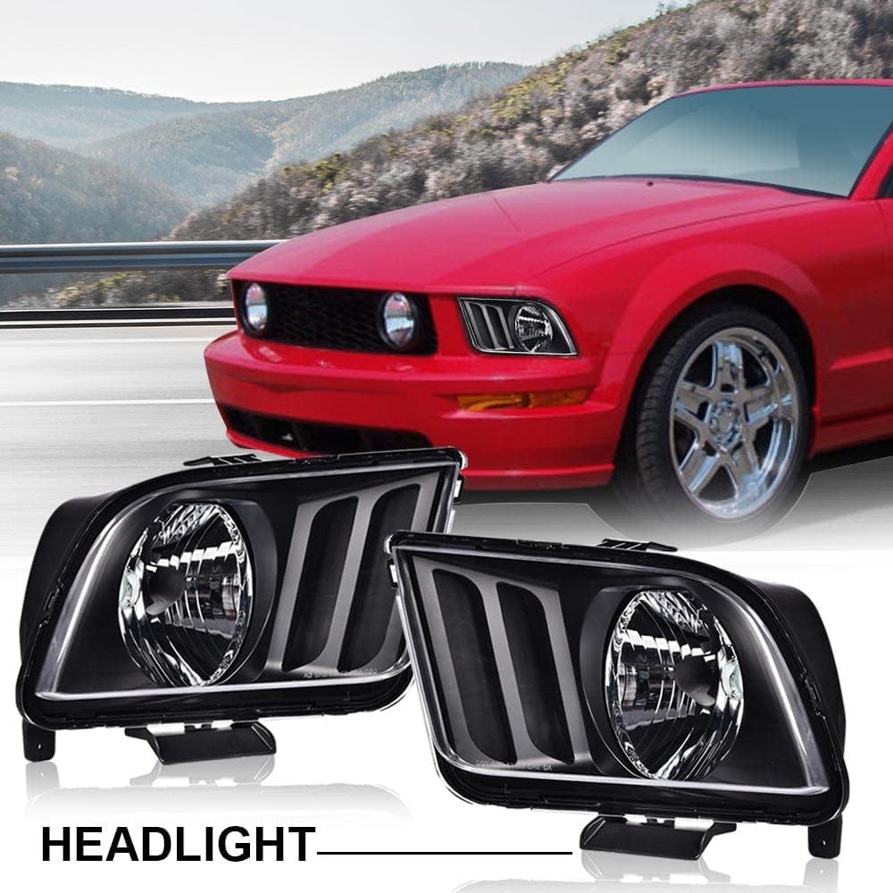 G-PLUS Headlights Assembly Compatible with Ford Mustang 2005-2009 4R3Z13008AA,4R3Z13008AB Bumper Headlamps Left & Right Clear Lens Black Housing Amber Reflector faros delanteros
