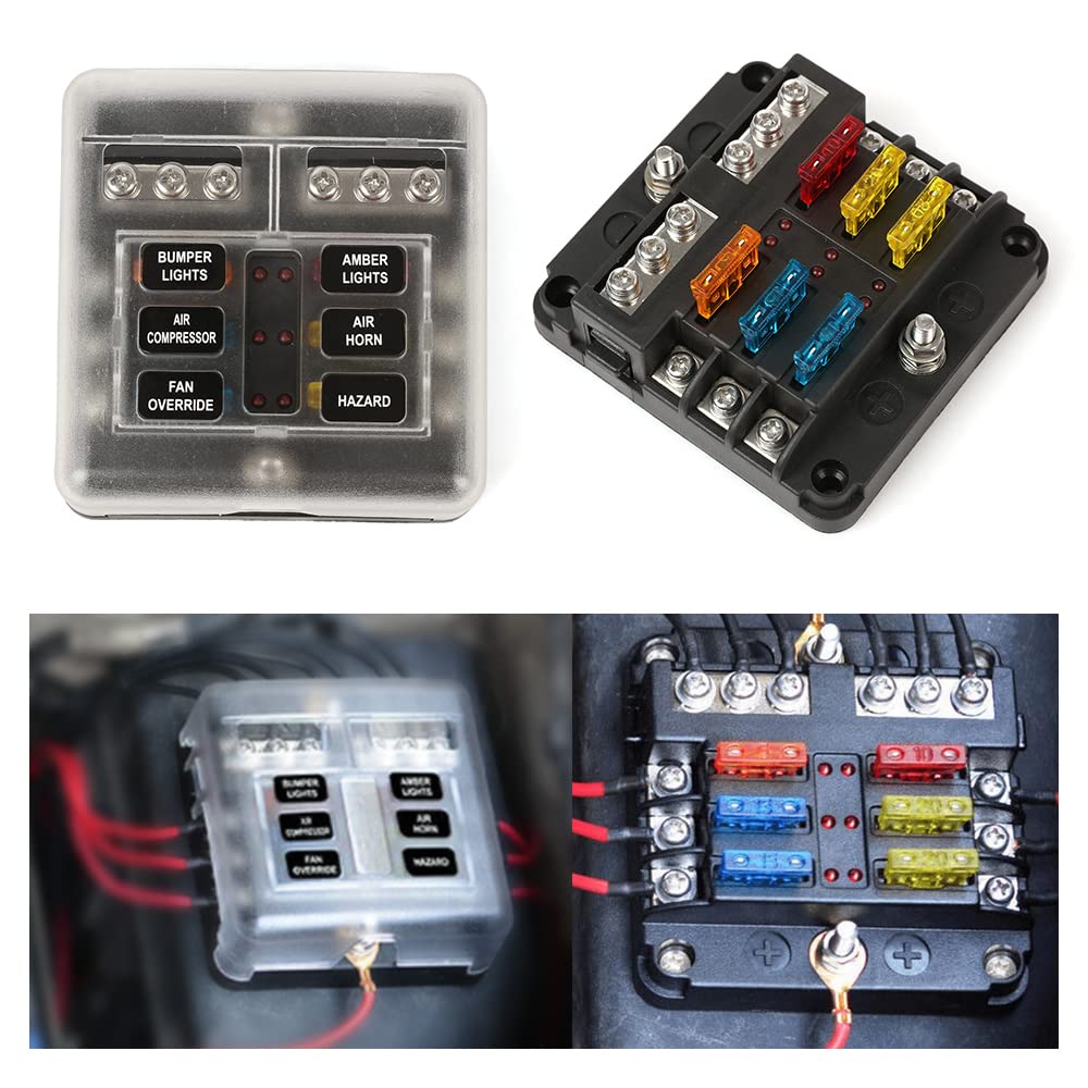 G-PLUS 6 Way Fuse Block Blade Fuse Box with LED Indicator for 12V 24V Car Marine 6 Circuit Fuse Holder Fuse Block 12V/24V 6 Way Car Auto Blade Fuse Board Box