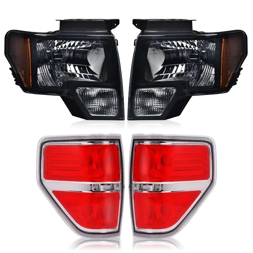 G-PLUS Left + Right Headlights Assembly & Tail Lights Compatible with 2009-2014 Ford F150 2/4 Door Not Fit LED Style (Smoky Lens Black Housing Amber Reflector Headlights + Tail lights)