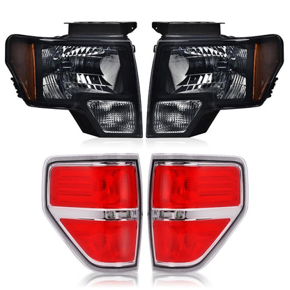 G-PLUS Left + Right Headlights Assembly & Tail Lights Compatible with 2009-2014 Ford F150 2/4 Door Not Fit LED Style (Smoky Lens Black Housing Amber Reflector Headlights + Tail lights)