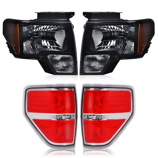 G-PLUS Left + Right Headlights Assembly & Tail Lights Compatible with 2009-2014 Ford F150 2/4 Door Not Fit LED Style (Smoky Lens Black Housing Amber Reflector Headlights + Tail lights)