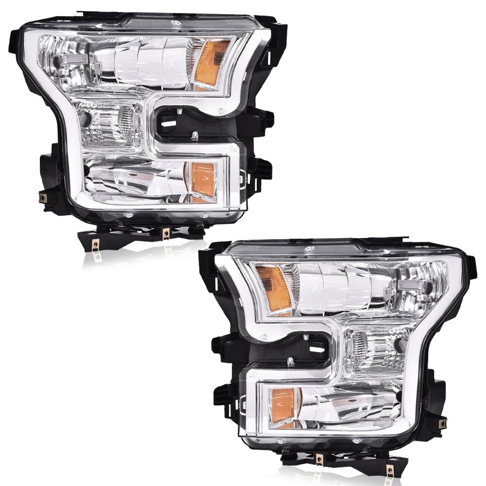 G-PLUS Headlights Compatible with Ford F150 2015-2017 Headlamps Pair Driver Passenger Side Clear Lens Chrome Housing Amber Reflector,faros delanteros