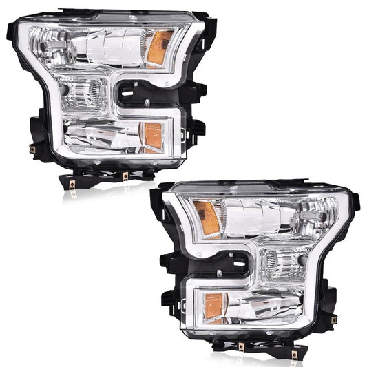 G-PLUS Headlights Compatible with Ford F150 2015-2017 Headlamps Pair Driver Passenger Side Clear Lens Chrome Housing Amber Reflector,faros delanteros