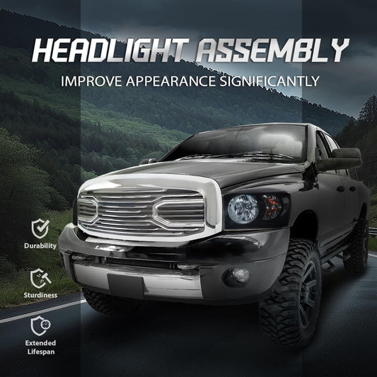 G-PLUS Headlight Assembly Front Headlamp Left&Right Side Compatible with Dodge Ram 1500 2006-2008/Fit Dodge Ram 2500 3500 2006-2009 Smoke Lens Black Housing Clear Reflector 68003125AD 68003124AD