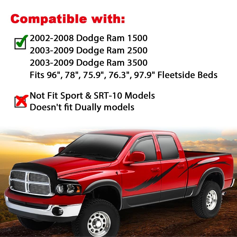 G-PLUS Fender Flares, Compatible with Dodge 2002-2008 Ram 1500/2003-2009 Ram 2500 3500, [Not Fit Dually Models], Factory Style Bolt-on Textured Black Wheel Cover 4pcs