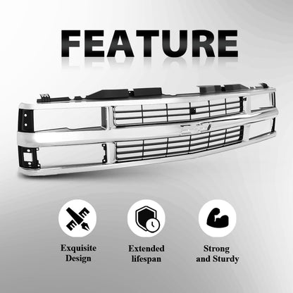 G-PLUS Chrome Grille w/Black Insert Compatible with Chevy Blazer Tahoe C/K 1500 2500 3500 1994 1995 1996 1997 1998 1999 2000 15981106 GM1200238
