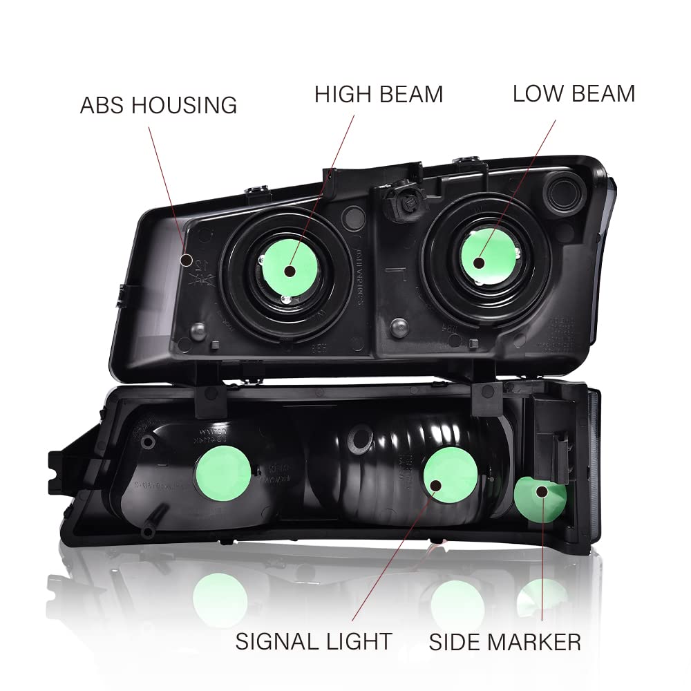 G-PLUS Headlights Bumper Lamps Assembly Compatible with 03-06 Chevy Avalanche/03-07 Silverado 1500HD/03-06 Silverado 2500HD, Smoky Lens Black Housing Clear ReflectorBumper Headlamps,faros delanteros