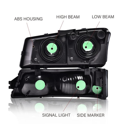 G-PLUS Headlights Bumper Lamps Assembly Compatible with 03-06 Chevy Avalanche/03-07 Silverado 1500HD/03-06 Silverado 2500HD, Smoky Lens Black Housing Clear ReflectorBumper Headlamps,faros delanteros