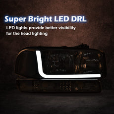 G-PLUS LED DRL Headlights for GMC Sierra 1500 1500HD 1999-2007 Smoke Chrome Clear Close-up View
