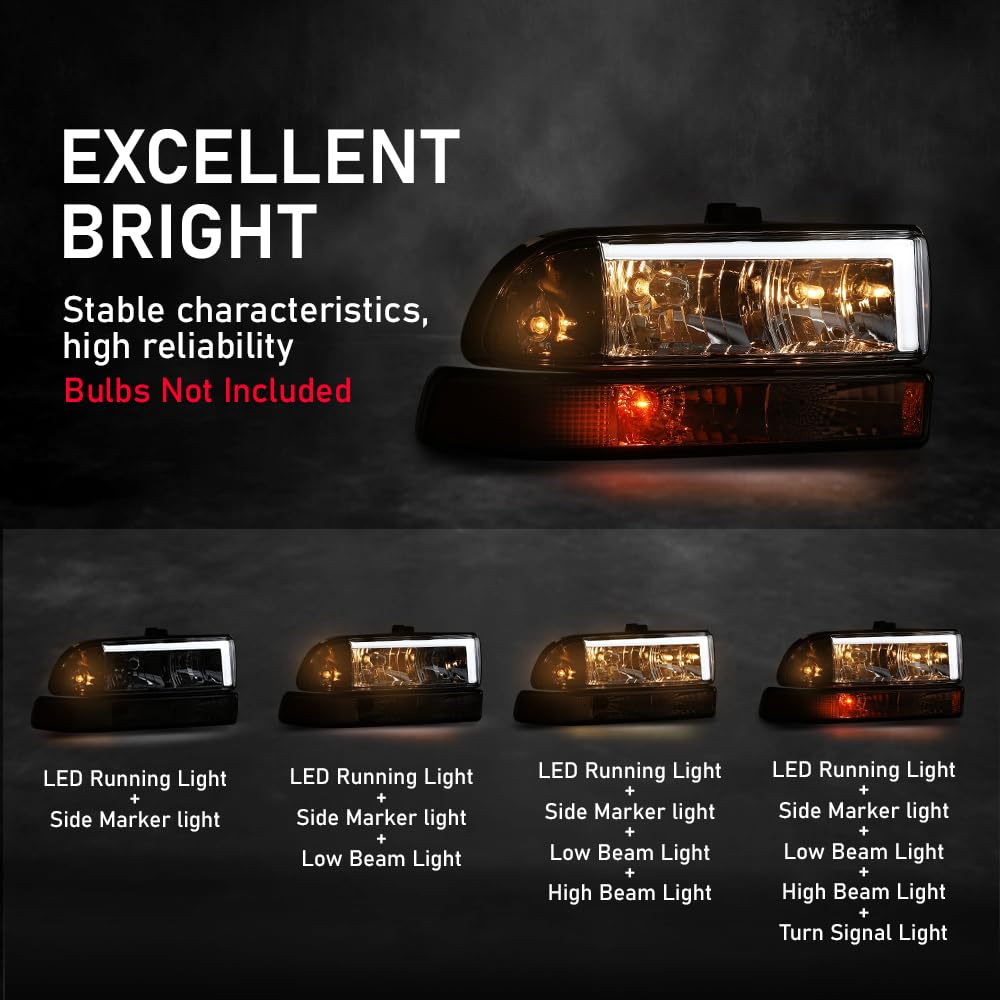 G-PLUS LED Headlights Front Headlamps Fit Chevy Blazer 1998-2005, Fit Chevy S10 Pickup 1998-2004 with Bumper Lights Clear Lens Chrome Housing Amber Reflector,faros delanteros Assembly