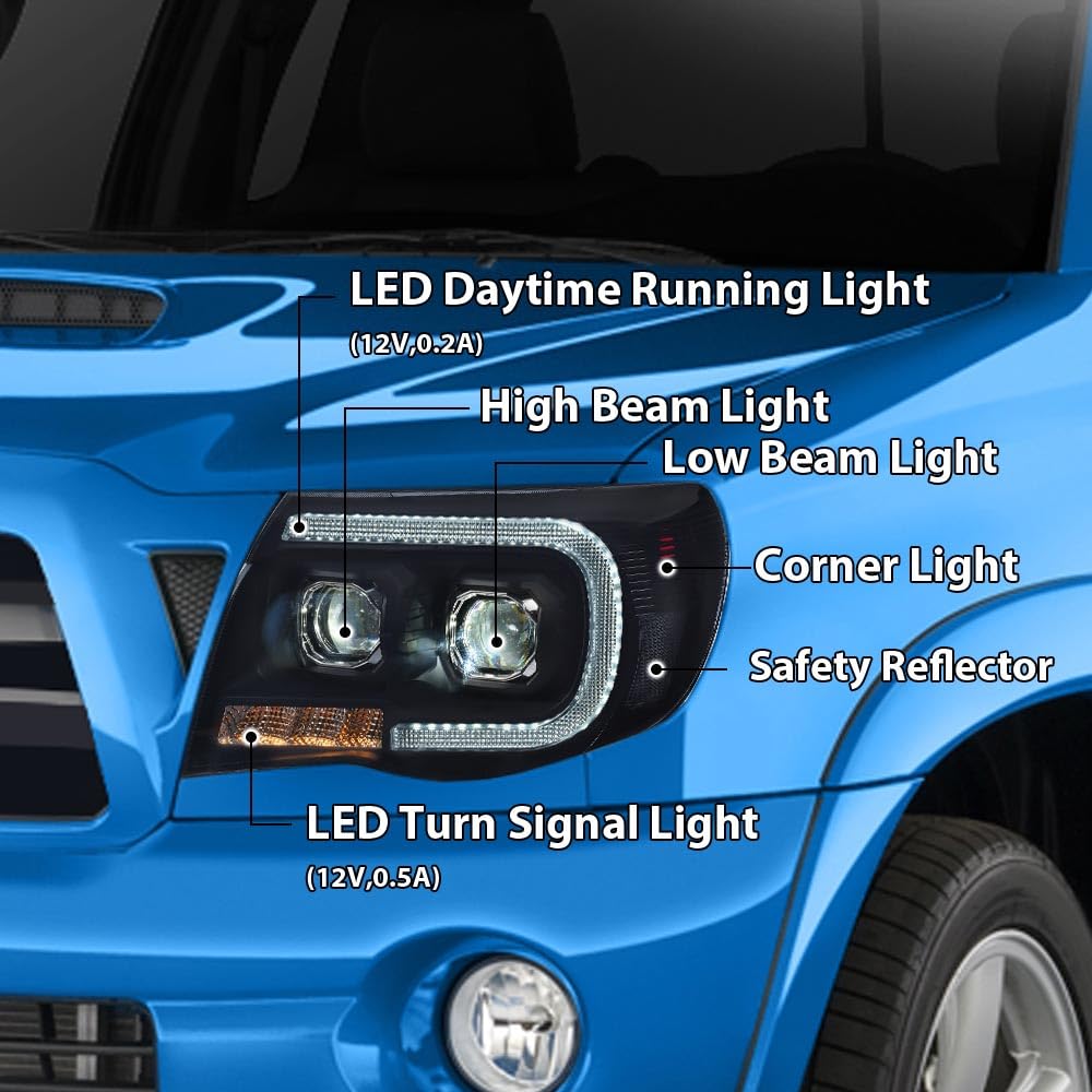 G-PLUS LED Tube Projector Headlights Headlamps W/o Bulbs Compatible with Toyota Tacoma 2005-2011 Smoke Lens Black Housing Clear Reflector Driver & Passenger Side,faros delanteros