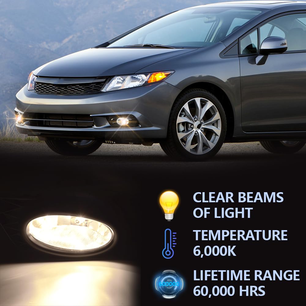 G-PLUS Fog Lights H11 12V 55W Halogen Lamp Compatible with 2009-2011 Honda Civic Sedan 4 Door with Bulbs & Wiring Harness & Switch Kit Real Glass Clear Lens