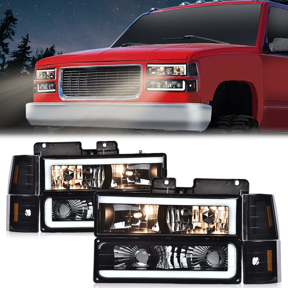 G-PLUS LED Headlights & Corner Light Compatible with Chevy/GMC C10/C1500/K1500 1994-1999,Fit GMC Yukon/Suburban 1994-1999,Fit Chevy Tahoe 1995-2000,Headlamps Smoke Lens Black Housing Amber Reflector