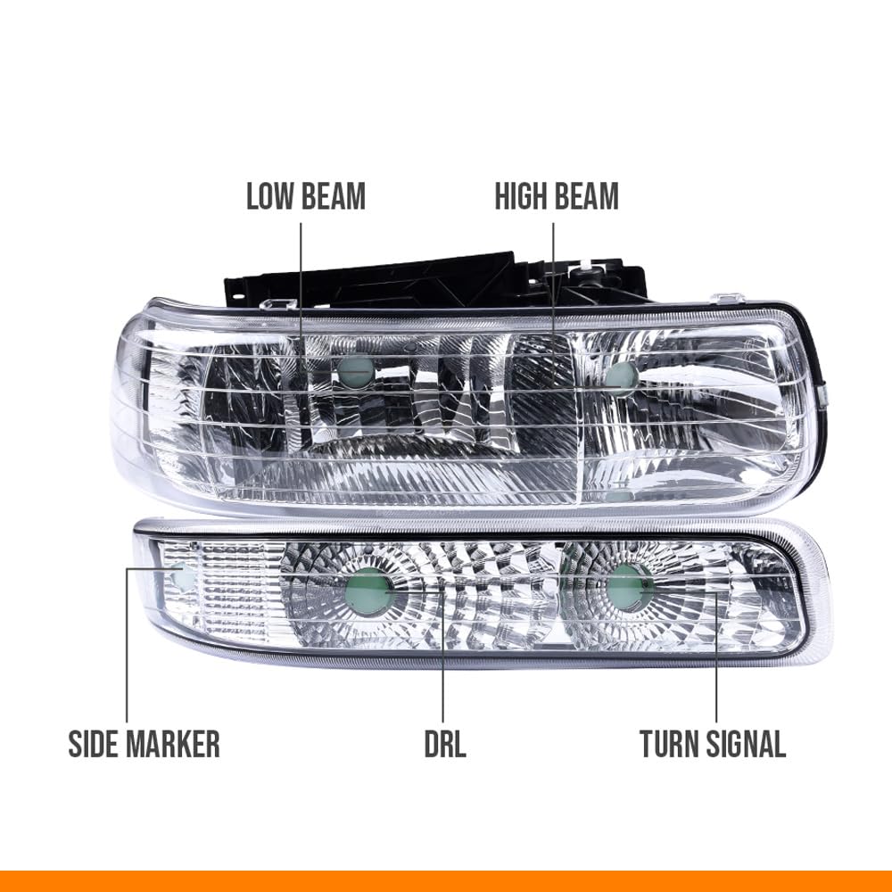 G-PLUS Corner Headlights Assembly + Bumper Fog Lights Compatible with 1999-2002 Chevy Silverado 1500 2500 3500,Fit 2000-2006 Suburban Tahoe,Bumper Headlamps,faros delanteros Chrome Housing