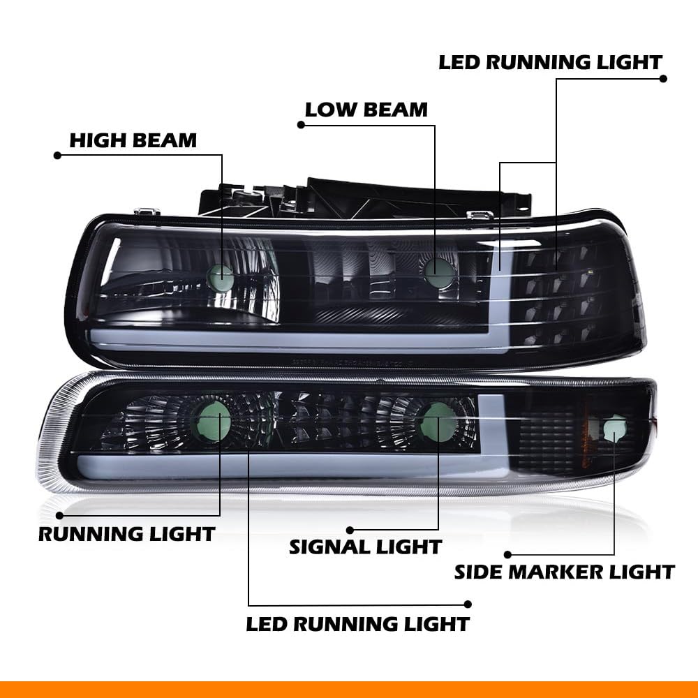G-PLUS LED Headlights Assembly, Compatible with 1999-2002 Chevy Silverado,Fit 2000-2006 Chevy Tahoe/Suburban 1500 2500,Bumper Headlamps Smoky Lens Black Housing Amber Reflector Left & Right