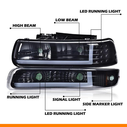 G-PLUS LED Headlights Assembly, Compatible with 1999-2002 Chevy Silverado,Fit 2000-2006 Chevy Tahoe/Suburban 1500 2500,Bumper Headlamps Smoky Lens Black Housing Amber Reflector Left & Right