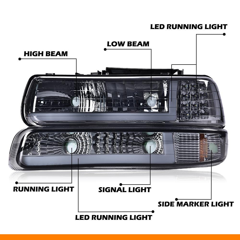 G-PLUS LED DRL Headlights, Compatible with 1999 2000 2001 200 2003 2004 2005 2006 Silverado/Suburban Bumper Headlamps, Smoky Lens Chrome Housing Amber Reflector