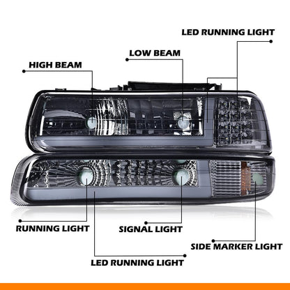 G-PLUS LED DRL Headlights, Compatible with 1999 2000 2001 200 2003 2004 2005 2006 Silverado/Suburban Bumper Headlamps, Smoky Lens Chrome Housing Amber Reflector
