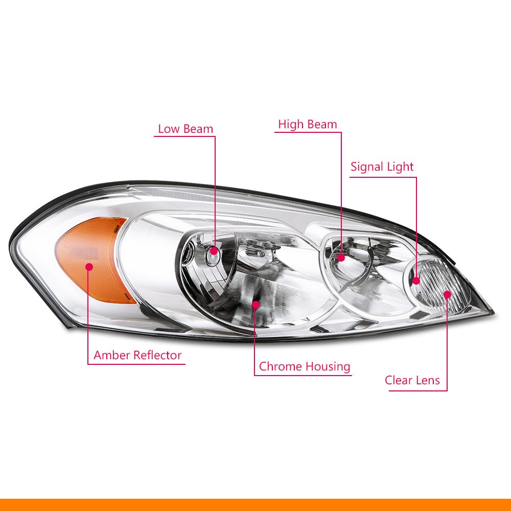 G-PLUS Headlights Assembly Fit 2006-2007 Chevy Monte Carlo/2006-2013 Chevy Impala/2014-2016 Chevy Impala Limited Headlamps, Clear Lens Chrome Housing Amber Reflector Left&Right,faros delanteros