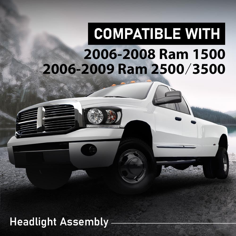 G-PLUS Headlights Assembly w/Bulbs Light Bar Left and Right Side Compatible with Dodge Ram 1500 2006-2008/Fit Dodge Ram 2500 3500 2006-2009 Clear Lens Black Housing Clear Reflector