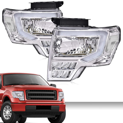 G-PLUS Headlights Assemblies LED Tube Compatible with Ford F150 2009-2014 Headlamps Driver Side & Passenger Side Clear Lens Chrome Housing Clear Reflector