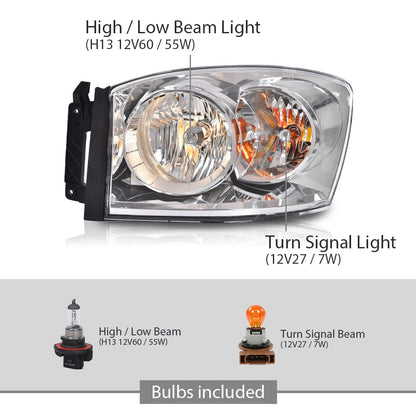 G-PLUS Headlights w/Bulbs Pair Compatible with Dodge Ram 1500 2006-2008/Fit Dodge Ram 2500 3500 2006-2009,Clear Lens Chrome Housing Clear Reflector Bumper Headlamps,faros delanteros Assembly