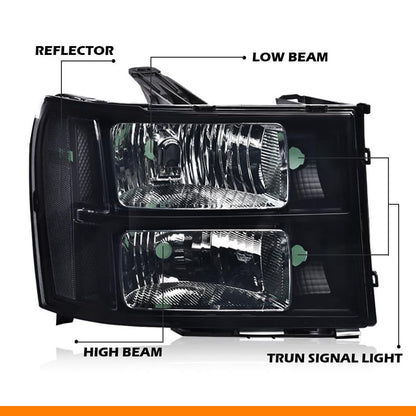 G-PLUS Headlights Assembly Compatible with GMC Sierra 1500 2007-2013 /Fit GMC Sierra 2500HD 3500HD 2007-2014 Headlamps Left and Right Smoky Lens Black Housing Clear Reflector,faros delanteros