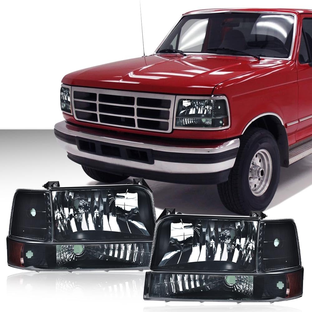 G-PLUS Headlights Fit Ford F150 250 350 Bronco F-Super Duty 1992-1997 w/Corner Signal Driver Passenger Headlamps Smoky Lens Black Housing Amber Reflector,faros delanteros