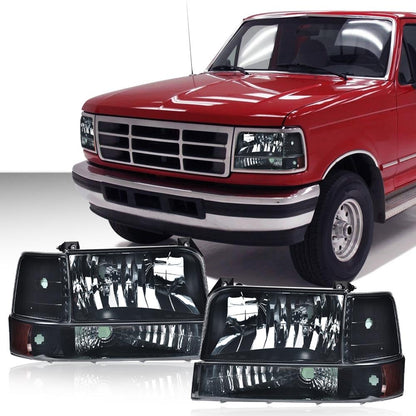 G-PLUS Headlights Fit Ford F150 250 350 Bronco F-Super Duty 1992-1997 w/Corner Signal Driver Passenger Headlamps Smoky Lens Black Housing Amber Reflector,faros delanteros