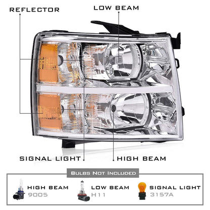 G-PLUS Headlights Assembly Compatible with Chevy Silverado 2007-2013/Fit Chevy Silverado 2500 HD 3500 HD 2007-2014 Bumper Headlamp Right Passenger Side Clear lens Chrome Housing Amber Reflector