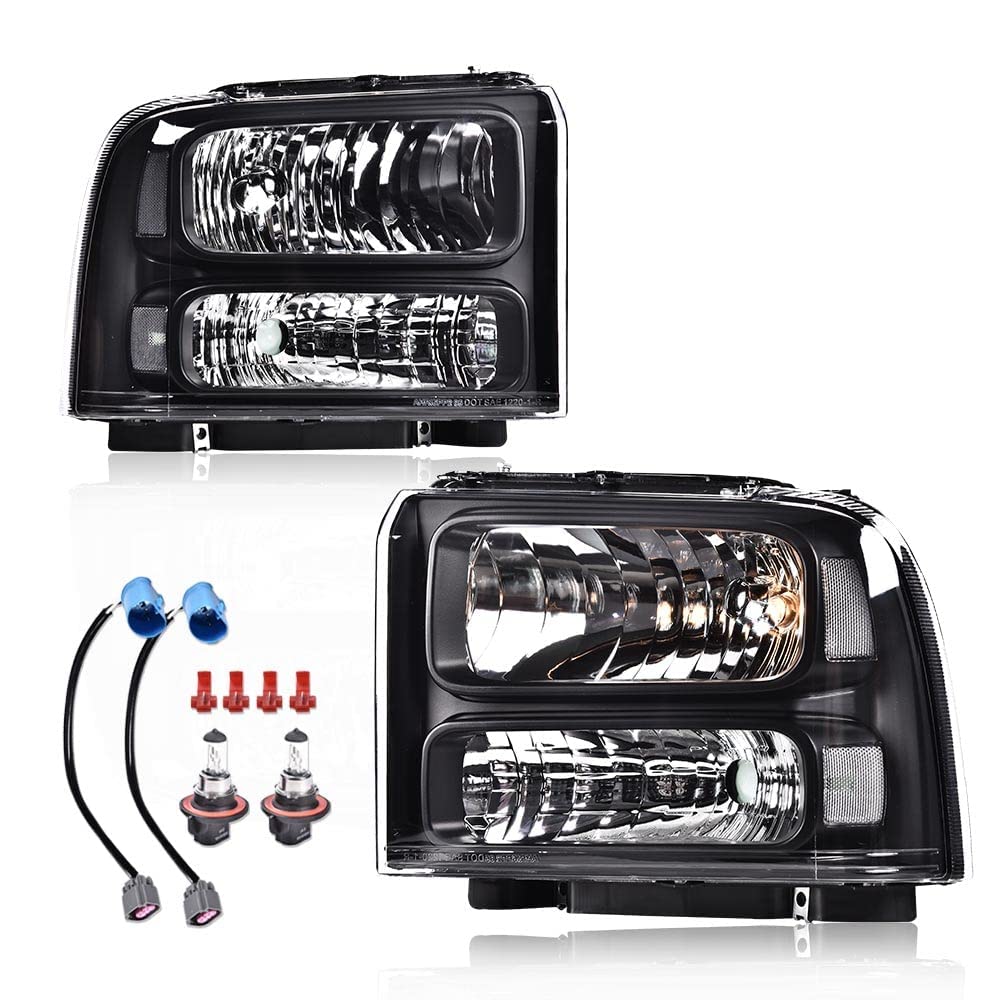 G-PLUS Headlights Assembly, Compatible with 99-04 Ford F250 F350 F450 F550 Super Duty/00-04 Ford Excursion Bumper Headlamps, Clear Lens Black Housing Clear Reflector,faros delanteros
