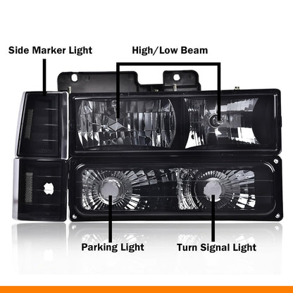 G-PLUS Headlights Assembly, Fit 1994 1995 1996 1997 1998 1999 GMC C1500 K1500 Yukon Bumper Headlamps, Smoky Lens Black Housing Clear Reflector