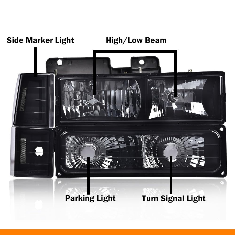 G-PLUS Headlights Assembly w/Bulbs Fit Chevy Suburban C1500 C2500 K1500 K2500 1994-1999, Fit GMC C2500 K2500 1994-2000, Left & Right Headlamps Assembly, Smoky Lens Black Housing Clear Reflector