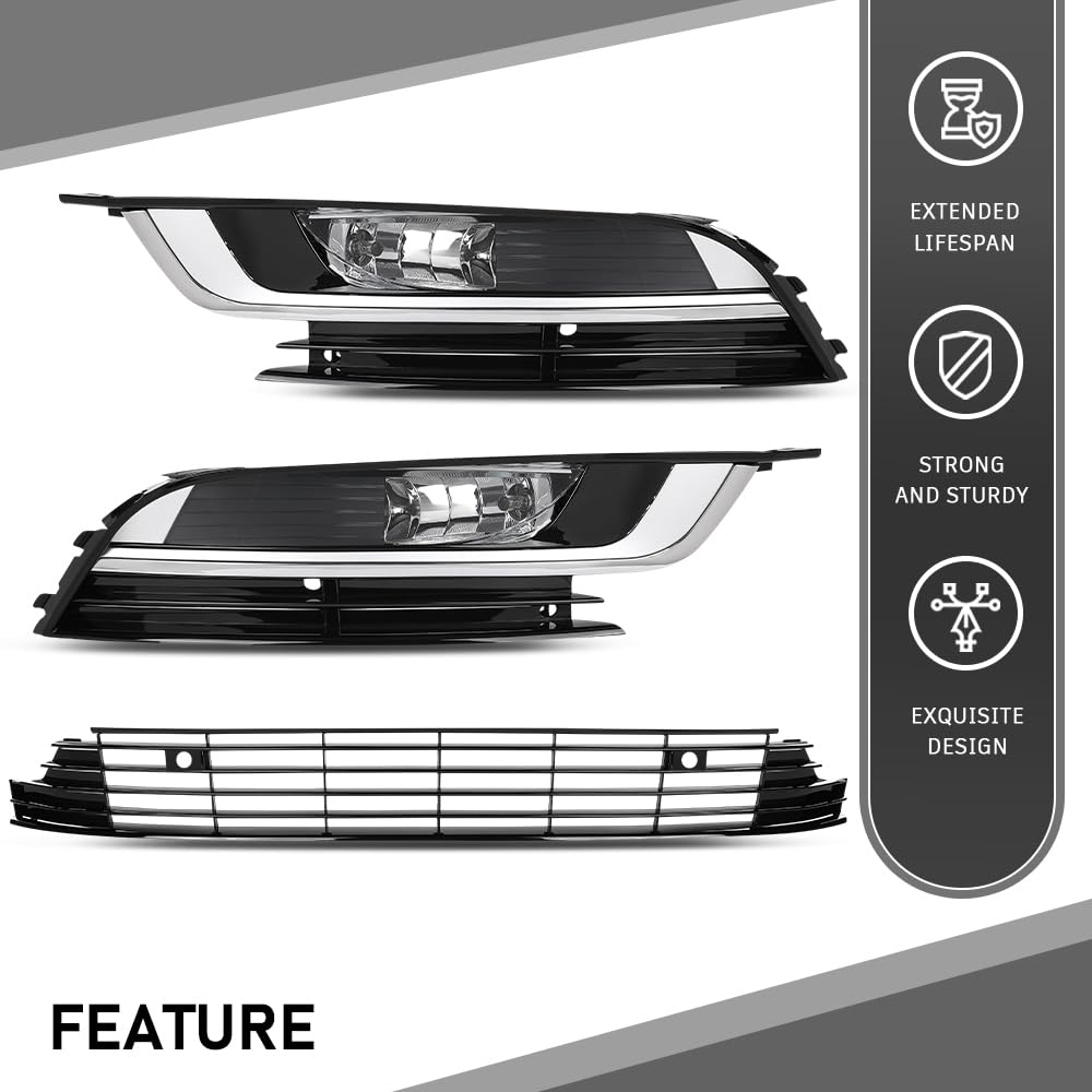 G-PLUS Front Bumper Grille & Fog Lights & Fog Lamp Covers Set 5PCS, Compatible with Volkswagen CC 2013-2017, VW2592125, 3C8941700, 3C8 854 661