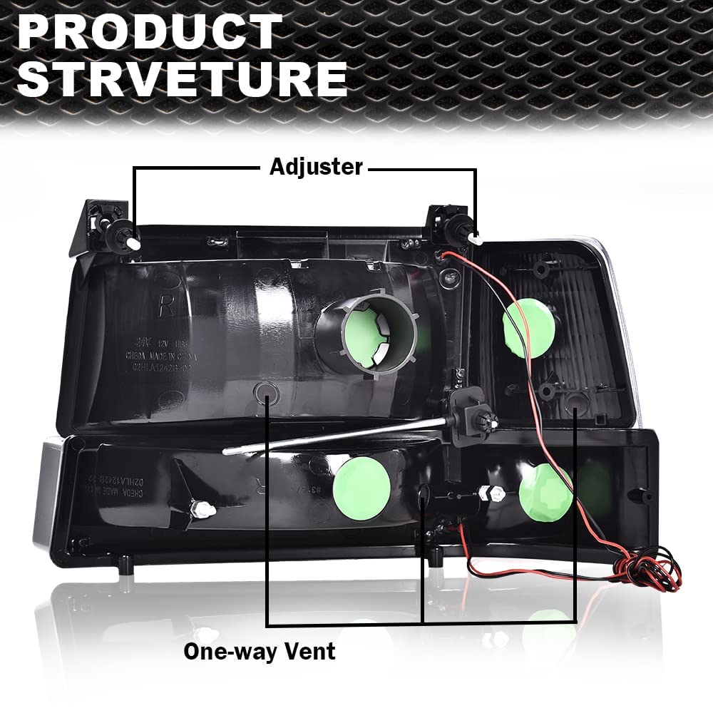 G-PLUS LED DRL Headlights Fit Ford Bronco F150 F250 F350 1992-1996,Fit w/Halogen Headlights Only,Bumper Headlamps, Left & Right Clear Lens Black Housing Amber Reflector,faros delanteros