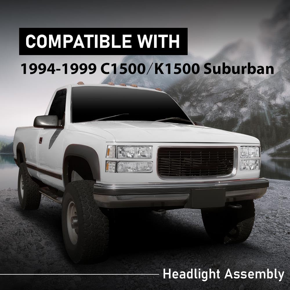 G-PLUS Headlights Assembly w/Bulbs Fit Chevy Suburban C1500 C2500 K1500 K2500 1994-1999, Fit GMC C2500 K2500 1994-2000, Left & Right Headlamps Assembly, Clear Lens Chrome Housing Amber Reflector