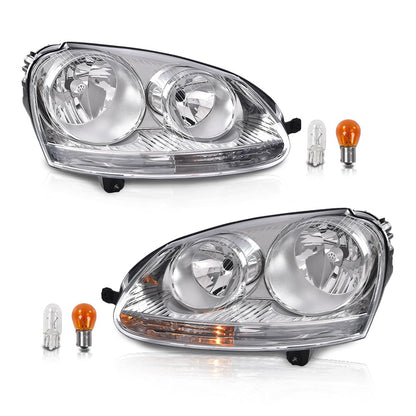 G-PLUS Headlights Assembly Set w/Bulbs Compatible with Volkswagen Jetta 2005-2010/ Fits Volkswagen Rabbit 2006-2009 Left and Right Clear Lens Chrome Housing Bumper Headlamps,faros delanteros