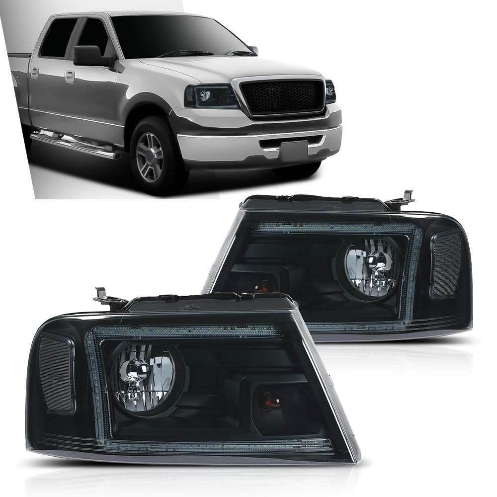 G-PLUS LED DRL Headlights Assembly Fit Ford F150 2004-2008,Fit Lincoln Mark LT 2006-2008, NOT Fit 2004 F150 Heritage/Flareside Beds,Headlamps Smoky Lens Black Housing Clear Reflector,faros delanteros