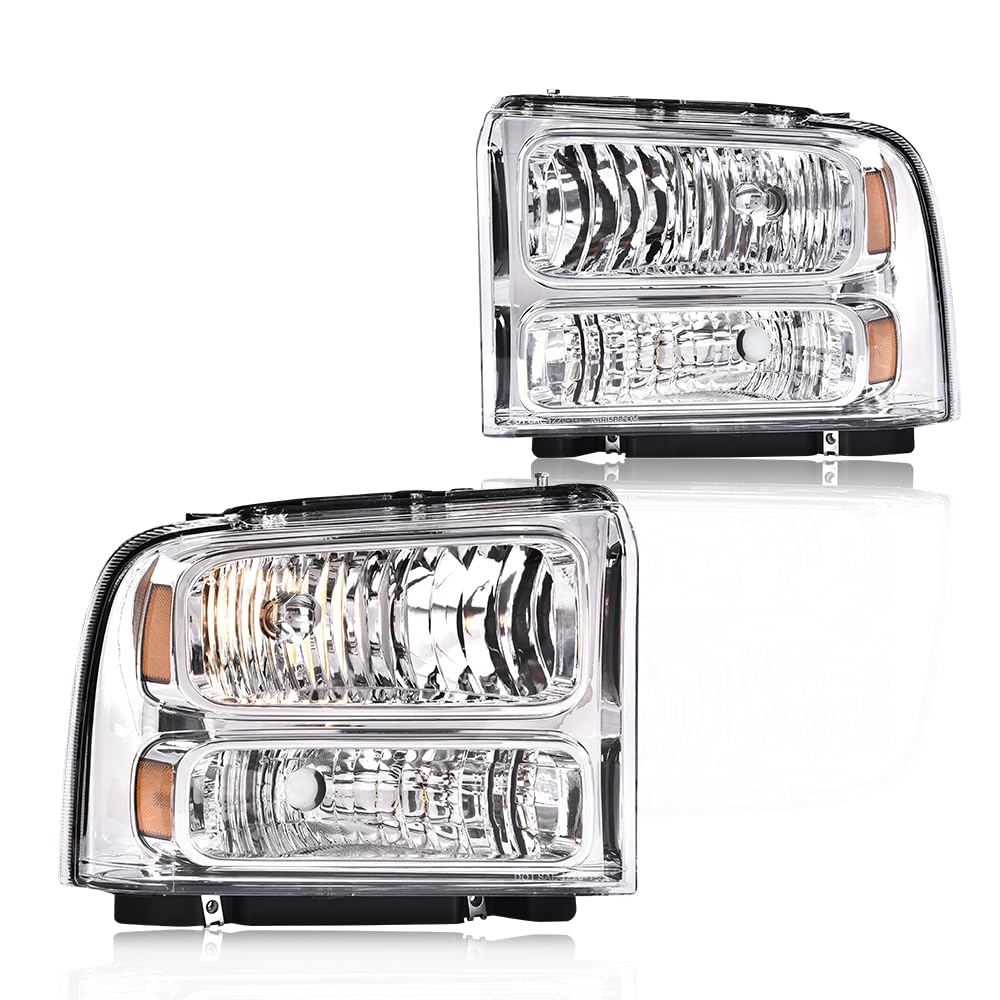 G-PLUS Headlights Assembly Compatible with Ford F250 F350 F450 F550 Super Duty 1999-2004, Fit Ford Excursion 2000-2004 Left & Right Headlamps Assembly, Clear Lens Chrome Housing Amber Reflector