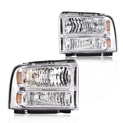 G-PLUS Headlights Assembly Compatible with Ford F250 F350 F450 F550 Super Duty 1999-2004, Fit Ford Excursion 2000-2004 Left & Right Headlamps Assembly, Clear Lens Chrome Housing Amber Reflector