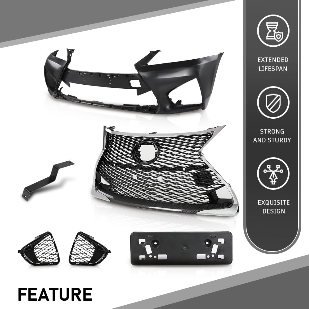 G-PLUS Front Bumper Set 6Pcs Compatible with 2013-2015 LX GS GS350 GS450 Conversion to 16+ GS F, (1 Front Bumper+1 Center Grille+2 Fog Lamp Frame+ 1 License Plate + 1 Small Bracket))